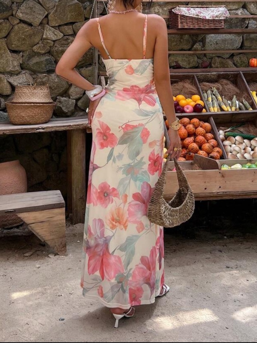 Floral stretch tube Maxi Dress in Cream and Pink - Picture 3 of 3